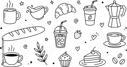 Cuadro en lienzo Coffee and breakfast food items doodle icons collection with hand drawn cafe cul