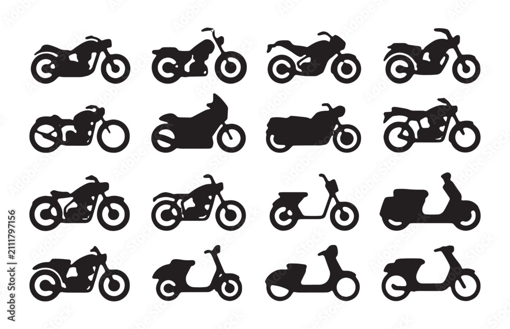 Fototapeta premium Large motorcycle and scooter silhouette collection showing diverse motorbikes and urban moped shapes.