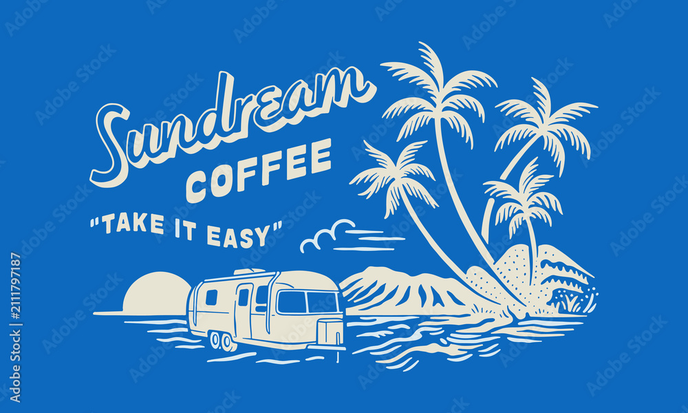 Fototapeta premium Vintage retro illustration of a travel trailer parked by palm trees for a coffee brand badge.