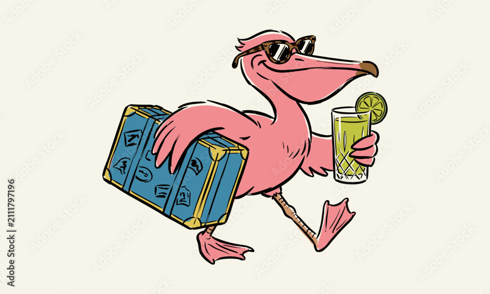 Fototapeta premium Cartoon of a cool pink bird traveling with a blue suitcase and holding a tropical lime cocktail