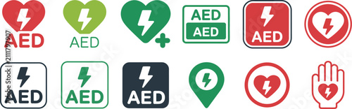 Konstfotografi Automated External Defibrillator Icon Collection Featuring AED Emergency Signs i