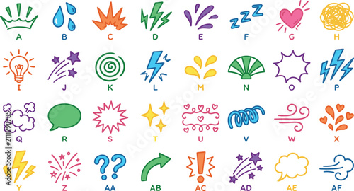 Slika na platnu Set of colorful hand-drawn doodle manga expression symbols and emotional effect