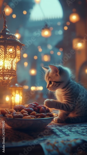 Adorable tabby kitten reaching for a plate of dates beside an ornate glowing lantern