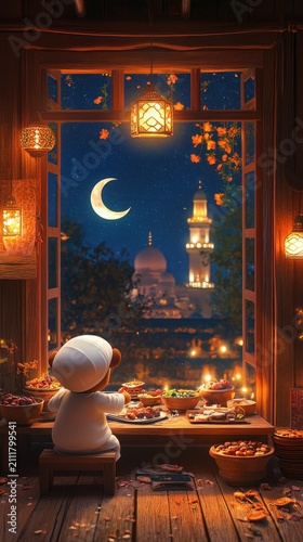 Adorable white bear child gazes at a crescent moon and illuminated mosque during ramadan