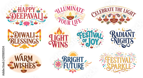 A collection of vibrant typographic designs celebrating Diwali, the Hindu festival of lights, featuring various festive phrases and traditional diya lamp illustrations.