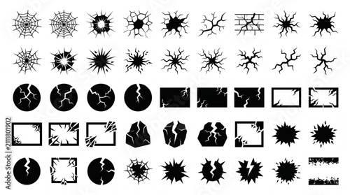 Fotografie Cracked surface and broken glass vector icon set, shattered window and bullet hole silhouette collection, damaged wall and fracture symbols for construction repair, impact and destruction design