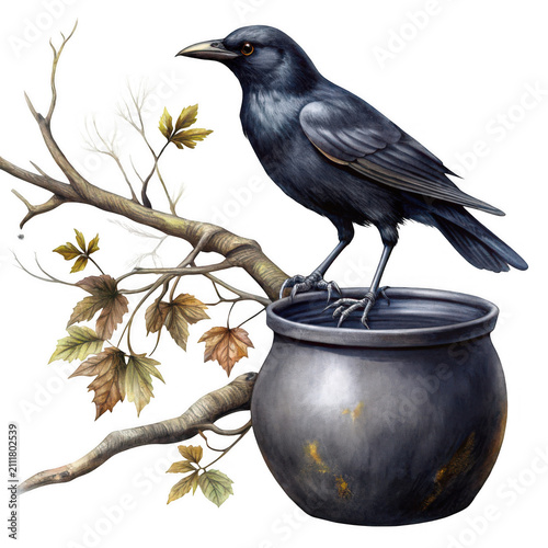 Majestic black crow perched on ancient cauldron with autumn leaves