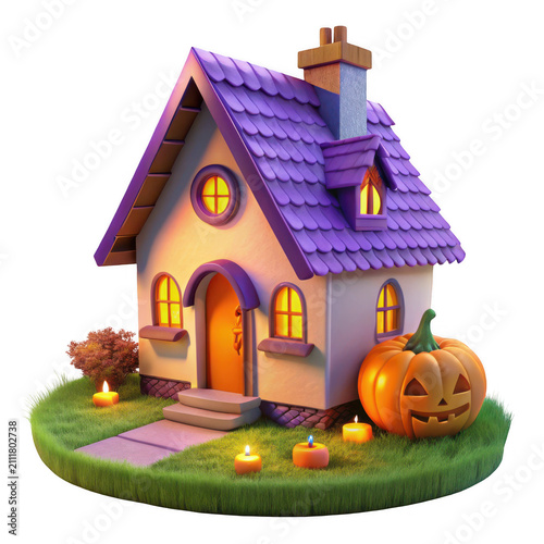Cozy little house with purple roof and jack-o-lantern on Halloween night