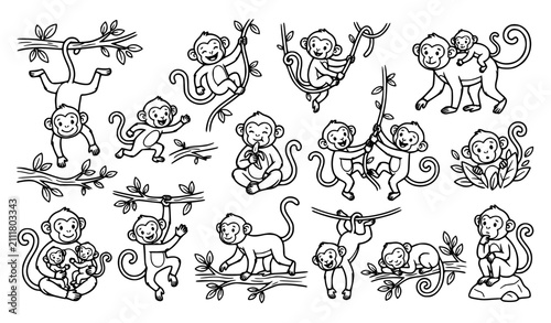 Canvas Print Cute Cartoon Monkey Coloring Book Page Vector Character Set with Outline Jungle