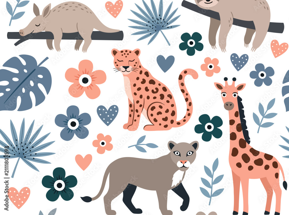 Fototapeta premium Cute cartoon wild animal seamless pattern for nursery decor and kids textile design.