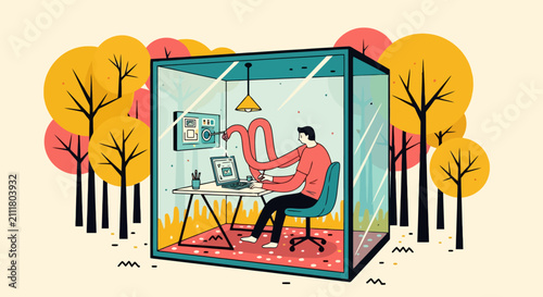 Man multitasking in a glass office in autumn forest, illustration