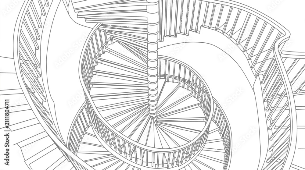 Fototapeta premium Spiral staircase technical line drawing in perspective view