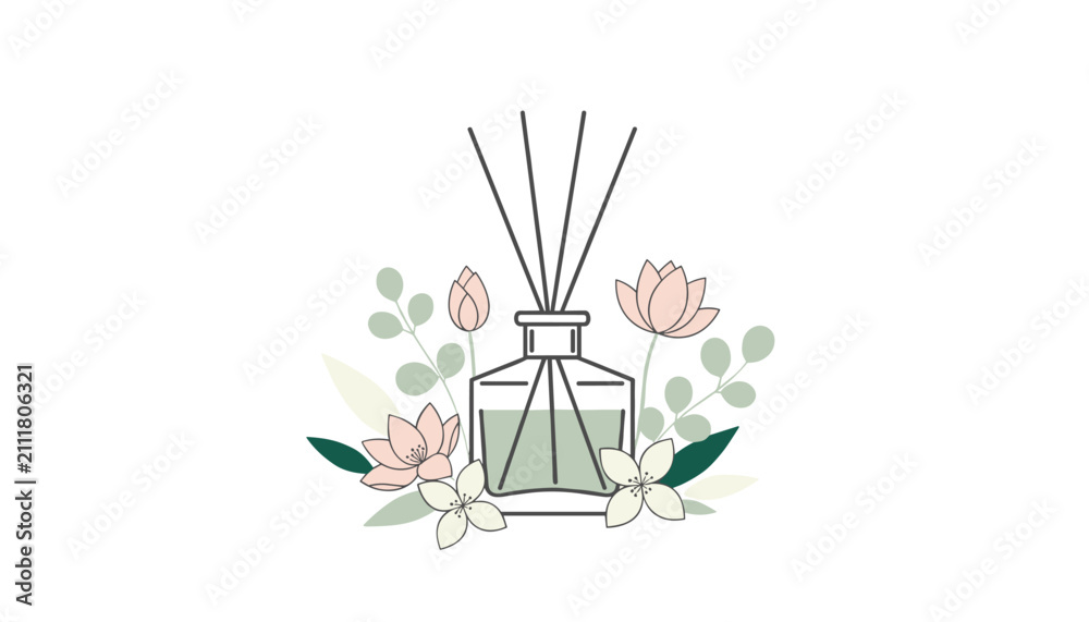 Obraz premium Fragrance reed diffuser glass bottle filled with green liquid is surrounded by beautiful pink lotus flowers in a spa.