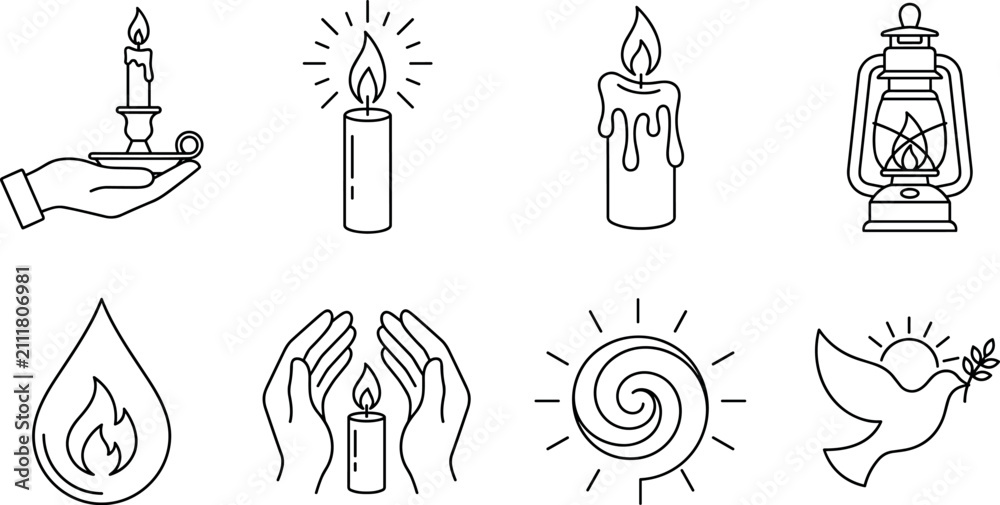 Naklejka premium Light, Hope, and Peace Symbols Line Art Vector Set Featuring Candles, Lantern, Flame Droplet, Cupped Hands, Sun, and Dove