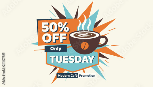 Eye-catching promotional banner for a modern cafe offering fifty percent off only on Tuesdays with a hot coffee cup.