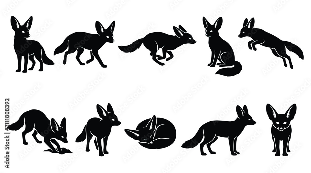 Obraz premium Australian dingo and wild dog icon set. Eight solid black silhouettes showing standing, sitting, running, and howling poses. Vector illustrations for wildlife projects.