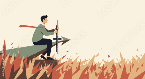 Determined businessman riding an upward arrow above a fiery landscape, symbolizing overcoming adversity for business growth, for corporate presentations and motivational content.