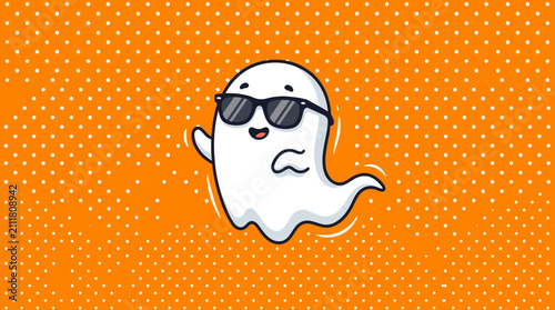 Cute Ghost Waving with Sunglasses on Orange Background
