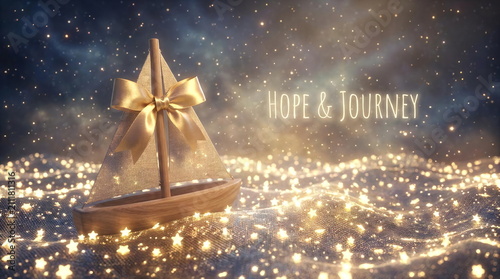 Wooden sailboat sailing on sea of stars at night