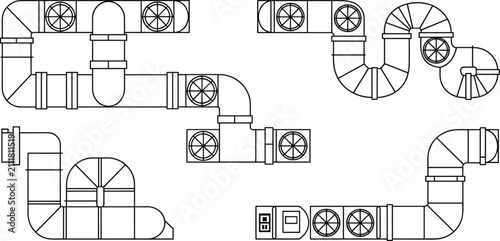 Bild auf Leinwand Assortment of HVAC Ductwork Systems and Components in Line Art
