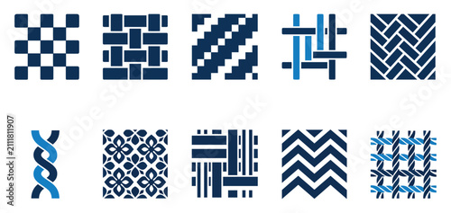Foto Set of ten blue and black geometric weave patterns and textile design elements for graphic background Minimal solid fill icon set bundle collection