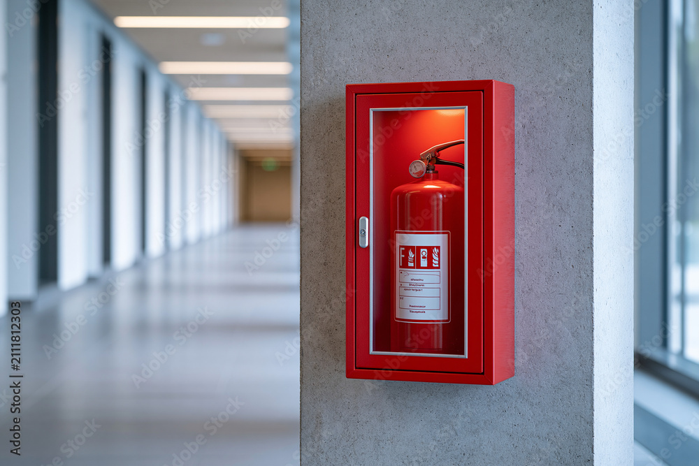 Obraz premium Bright Red Fire Extinguisher in Modern Office Building Hallway