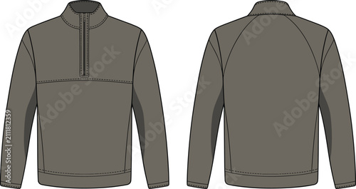 Front and back view of a mens olive green quarter zip pullover fleece sweatshirt fashion flat sketch