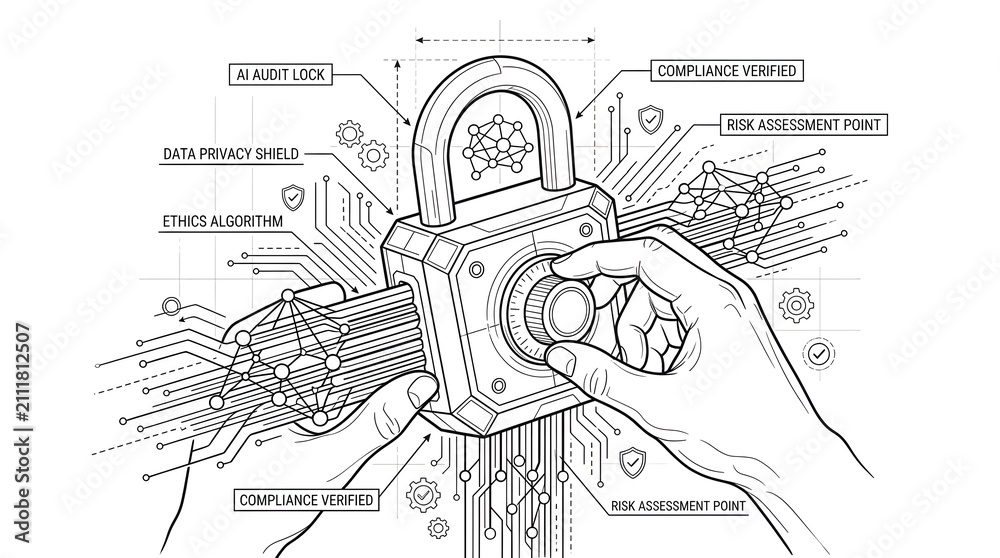 Obraz premium A human hand managing data locks for AI governance and compliance, bio digital data lock operation. 