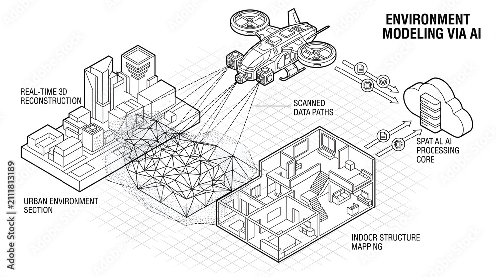 Obraz premium A Futuristic Drone processing spatial AI environment mapping on urban environment.