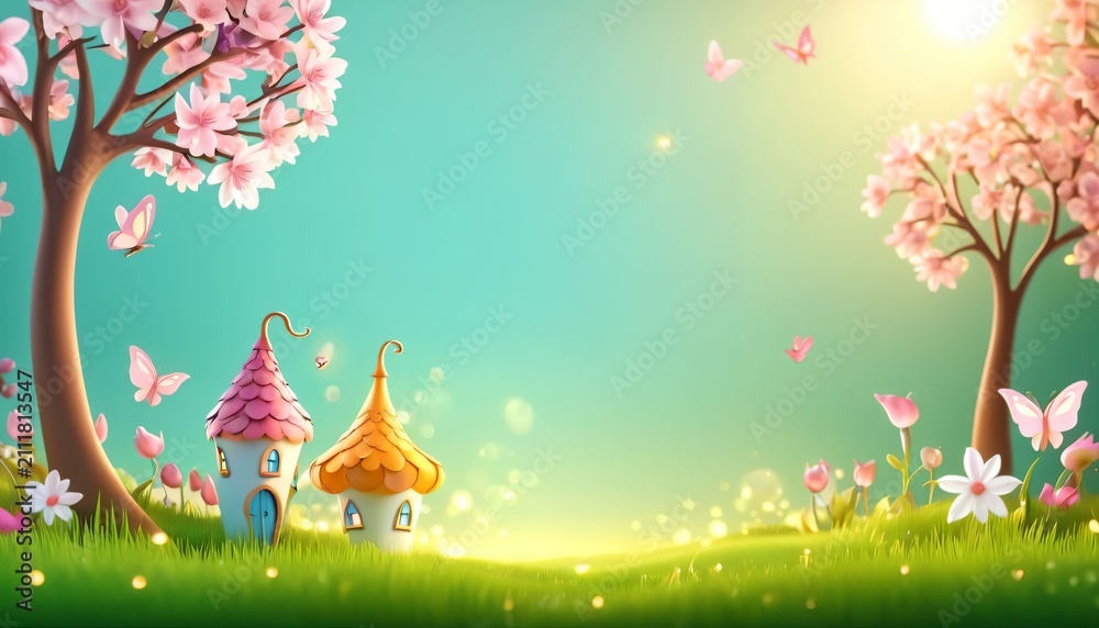 Obraz premium Whimsical spring meadow with tiny mushroom houses