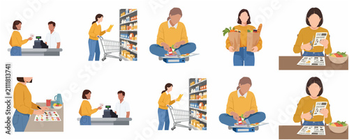 Obraz na plátně Vector Illustration Set of a Woman Grocery Shopping, Using Coupons, and Saving M