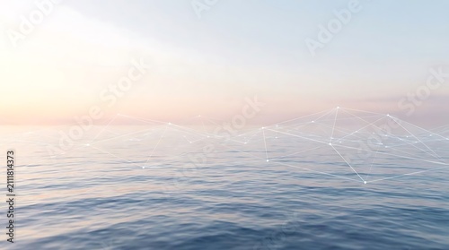 A conceptual beachcomber chart visualization showing a glowing digital mesh network floating above a calm ocean surface at sunset for technical data