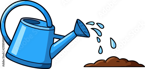 Fotografie Blue watering can pouring water onto fertile soil for gardening