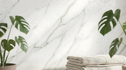 Clean white marble background with green monstera plants and folded towel