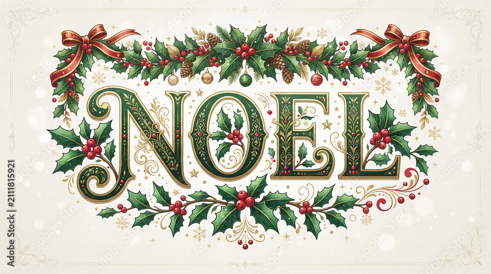Fototapeta premium Elegant noel typography decorated with festive holly garlands and ornate seasonal botanical elements with word Noel ornate green gold lettering surrounded lush holly branches