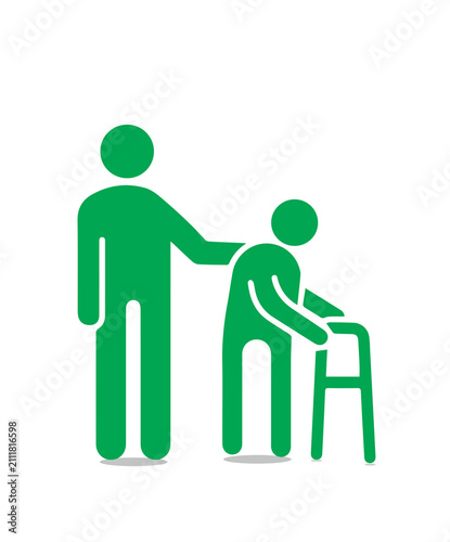 Person helping old patient. Vector flat glyph icon illustration. Nursing home, senior and elders support, healthcare for the older people
