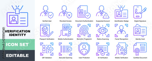 Bild auf Leinwand Verification Identity Icon Pack Featuring Verified User, Revoked Access, Documen