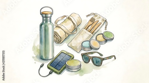 Eco friendly reusable travel gear and personal care items illustration