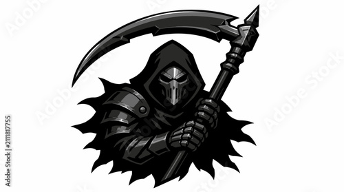 Fotografie Armored reaper head mascot holding mechanical scythe blade.