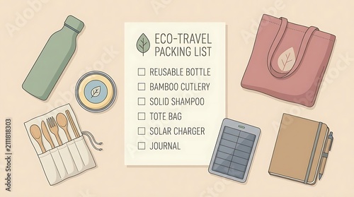 Eco travel packing list with sustainable items for a green journey