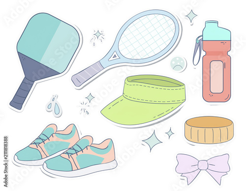 Sporting equipment collection, colorful paddle, racket, sneakers, water bottle, and accessories for an active lifestyle. Isolated on white background or PNG