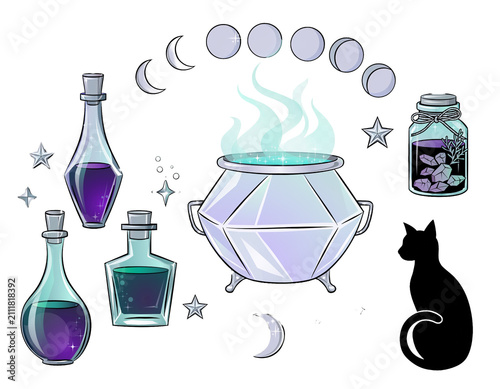 Mystical scene with colorful potions, a bubbling cauldron, enchanted black cat, whimsical occult theme, perfect for Halloween decor. Isolated on white background or PNG