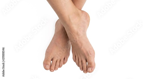 Human feet legs crossed isolated white background studio shot