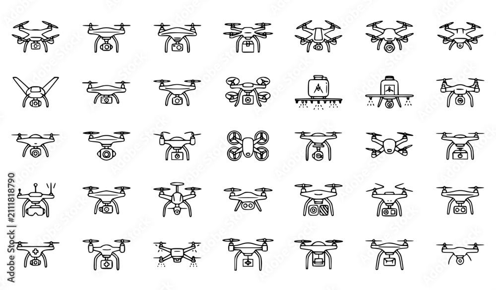 Fototapeta premium Drone Icon Collection Vector with Editable Stroke Modern UAV Outline Set