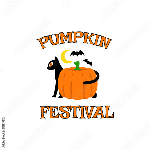 Pumpkin festival poster with black cat, moon, and bats. 
