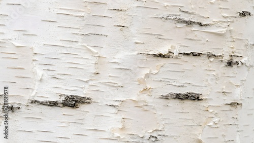 Closeup texture of white birch tree bark, natural organic background with peeling layers and dark horizontal markings