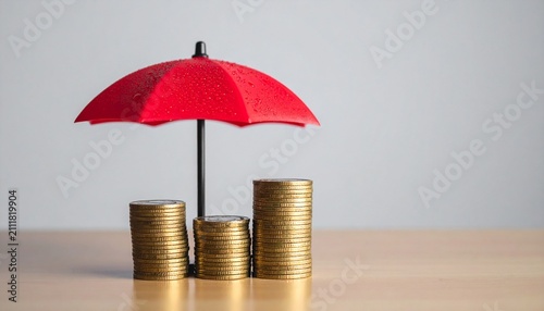 Protecting golden savings beneath umbrella symbolizing financial security insurance