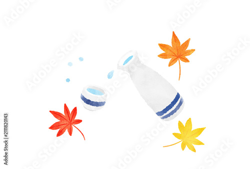日本酒(お猪口と徳利)ともみじの水彩イラスト