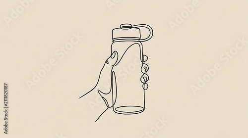 Hand holding a reusable water bottle simple line art on neutral background