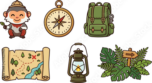 Canvas Print Cute Monkey Explorer with Safari Gear and Treasure Map Icons